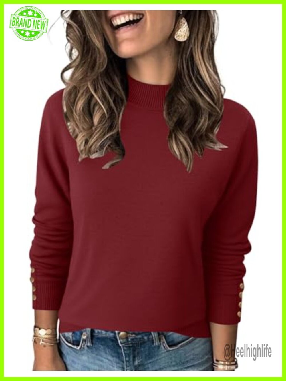 Mock Neck Sweater Womens Long Sleeve Knit Pullover Button Cuffs Fall Winter